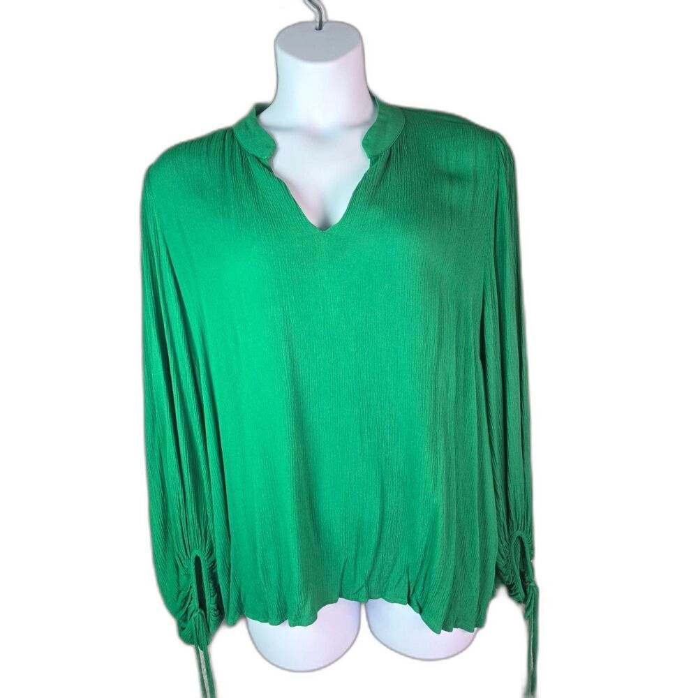 Vince Camuto Emerald Green Rayon Blouse XXL Balloon Sleeves Tie Cuffs